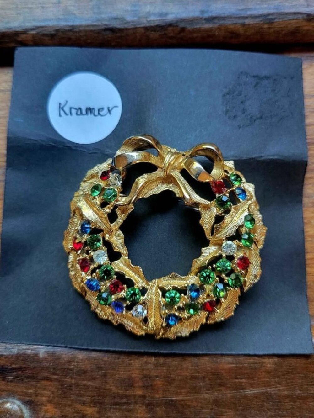 Vintage KRAMER Christmas Wreath Holly Leaf Rhinestone HOLIDAY Brooch Signed